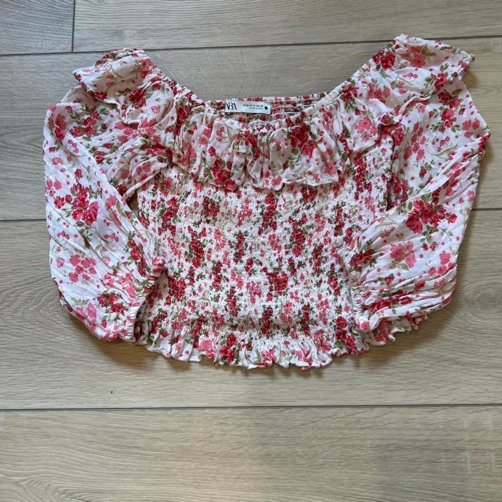 Zara Floral‎ Smocked Off Shoulder Top Pink Red Ruffle Long Sleeve Small